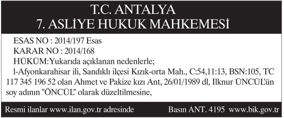 T.C. Antalya 7. Asliye Hukuk Mahkemesi İlanı