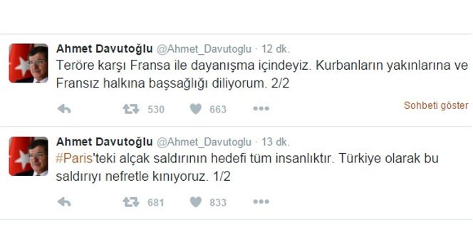 Başbakan Ahmet Davutoğlu Paris'teki saldırıyı kınadı